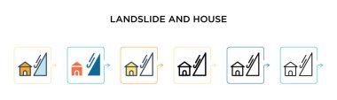Heyelan ve ev vektör simgesi 6 farklı modern stilde. Siyah, iki renkli heyelan ve ev ikonları doldurulmuş, ana hatları çizilmiş, çizgi ve vuruş stiliyle dizayn edilmiş. Vektör illüstrasyonu ağ için kullanılabilir, 