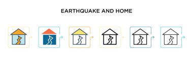 Deprem ve ev vektör ikonu 6 farklı modern stilde. Siyah, iki renkli deprem ve ev ikonları doldurulmuş, ana hatları çizilmiş, çizgi ve vuruş stiliyle dizayn edilmiş. Vektör illüstrasyonu ağ için kullanılabilir, 