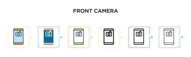 Ön kamera vektör simgesi 6 farklı modern stilde. Siyah, iki renkli ön kamera ikonu. Doldurulmuş, ana hatları çizilmiş, çizgi ve çizgi şeklinde dizayn edilmiş. Vektör illüstrasyonu ağ, mobil, ui için kullanılabilir