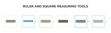 Cetvel ve kare ölçme araçları vektör simgesi 6 farklı modern stilde. Siyah, iki renkli cetvel ve kare ölçüm araçları ikonları doldurulmuş, ana hatları çizilmiş, çizgi ve çizgi şeklinde dizayn edilmiş. Vektör 