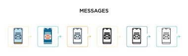 6 farklı modern stilde mesaj vektör simgesi. Siyah, iki renkli mesaj simgesi doldurulmuş, ana hatları çizilmiş, çizgi ve vuruş stiliyle tasarlanmış. Vektör illüstrasyonu ağ, mobil, ui için kullanılabilir