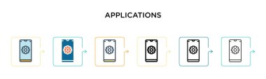 Uygulamalar vektör simgesi 6 farklı modern stilde. Siyah, iki renkli uygulama simgesi doldurulmuş, ana hatları çizilmiş, çizgi ve vuruş stiliyle tasarlanmış. Vektör illüstrasyonu ağ, mobil, ui için kullanılabilir