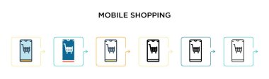 Mobil alışveriş vektör simgesi 6 farklı modern stilde. Siyah, iki renkli mobil alışveriş ikonu, doldurulmuş, ana hatları çizilmiş, çizgi ve vuruş stiliyle tasarlanmış. Vektör illüstrasyonu ağ ve mobil için kullanılabilir, 