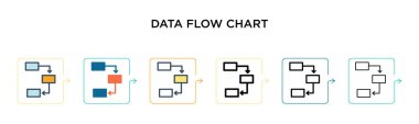 Veri akışı şeması vektör simgesi 6 farklı modern stilde. Siyah, iki renkli veri akış çizelgesi simgesi doldurulmuş, ana hatları çizilmiş, çizgi ve vuruş stiliyle dizayn edilmiş. Vektör illüstrasyonu ağ ve mobil için kullanılabilir, 