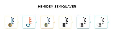 6 farklı modern stilde Hemidmisemiquaver vektör simgesi. Siyah, iki renkli hemisemiquaver simgesi doldurulmuş, ana hatlı, çizgi ve vuruş stiliyle dizayn edilmiş. Vektör illüstrasyonu ağ için kullanılabilir, 