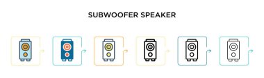 Subwoofer hoparlör vektör simgesi 6 farklı modern stilde. Siyah, iki renkli hoparlör simgesi doldurulmuş, ana hatları çizilmiş, çizgi ve vuruş stiliyle dizayn edilmiş. Vektör illüstrasyonu ağ için kullanılabilir, 