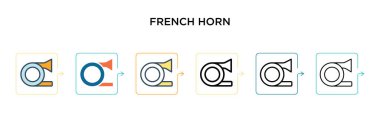 Fransız kornosu vektör simgesi 6 farklı modern stilde. Siyah, iki renkli Fransız korna ikonu. Doldurulmuş, ana hatlı, çizgi ve vuruş stiliyle dizayn edilmiş. Vektör illüstrasyonu ağ, mobil, ui için kullanılabilir