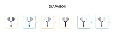 6 farklı modern stilde diapason vektör simgesi. Siyah, iki renkli diapason simgesi doldurulmuş, ana hatları çizilmiş, çizgi ve vuruş stiliyle dizayn edilmiş. Vektör illüstrasyonu ağ, mobil, ui için kullanılabilir
