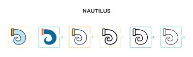 6 farklı modern stilde Nautilus vektör simgesi. Siyah, iki renkli nautilus simgesi doldurulmuş, ana hatları çizilmiş, çizgi ve vuruş stiliyle dizayn edilmiş. Vektör illüstrasyonu ağ, mobil, ui için kullanılabilir