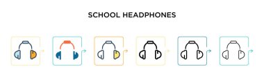 Okul kulaklığı vektör simgesi 6 farklı modern stilde. Siyahi, iki renkli okul kulaklığı ikonu doldurulmuş, ana hatları çizilmiş ve vuruş stiliyle tasarlanmış. Vektör illüstrasyonu ağ için kullanılabilir, 