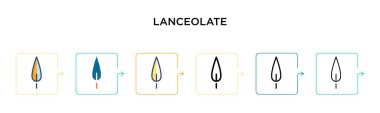 6 farklı modern stilde Lanceolate vektör simgesi. Siyah, doldurulmuş, ana hatları çizilmiş, çizgi ve vuruş stiliyle dizayn edilmiş iki renkli mızrak ucu simgesi. Vektör illüstrasyonu ağ, mobil, ui için kullanılabilir
