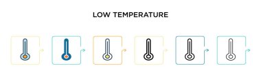 6 farklı modern stilde düşük sıcaklık vektör simgesi. Siyah, doldurulmuş, ana hatları çizilmiş, çizgi ve vuruş stiliyle dizayn edilmiş iki renkli düşük sıcaklık simgesi. Vektör illüstrasyonu ağ ve mobil için kullanılabilir, 