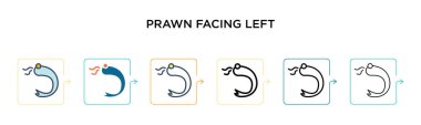 Karides sol vektör simgesine bakıyor. 6 farklı modern stilde. Siyah, iki renkli karides sol simgeye bakıyor. Doldurulmuş, ana hatları çizilmiş ve vuruş stiliyle dizayn edilmiş. Vektör illüstrasyonu ağ için kullanılabilir, 