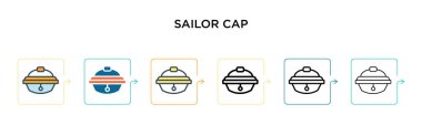 Sailor cap vektör simgesi 6 farklı modern stilde. Siyah, iki renkli denizci şapkası simgesi doldurulmuş, ana hatları çizilmiş, çizgi ve vuruş stiliyle tasarlanmış. Vektör illüstrasyonu ağ, mobil, ui için kullanılabilir