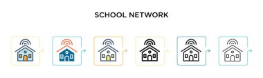 6 farklı modern stilde okul ağı vektör simgesi. Siyahi, iki renkli okul ağı simgesi doldurulmuş, ana hatları çizilmiş, çizgi ve vuruş stiliyle dizayn edilmiş. Vektör illüstrasyonu ağ, mobil, ui için kullanılabilir