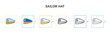 Sailor şapka vektör simgesi 6 farklı modern stilde. Siyah, iki renkli denizci şapkası simgesi doldurulmuş, ana hatları çizilmiş, çizgi ve vuruş stiliyle tasarlanmış. Vektör illüstrasyonu ağ, mobil, ui için kullanılabilir