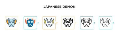 Japon iblis vektör simgesi 6 farklı modern stilde. Siyah, iki renkli Japon şeytan simgesi doldurulmuş, ana hatları çizilmiş ve okşanmış. Vektör illüstrasyonu ağ, mobil, ui için kullanılabilir