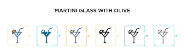 Altı farklı modern stilde zeytin vektör ikonlu martini bardağı. Siyah, zeytin ikonlu iki renkli martini bardağı. Doldurulmuş, ana hatlı, çizgi ve çizgi şeklinde dizayn edilmiş. Vektör illüstrasyonu kullanılabilir