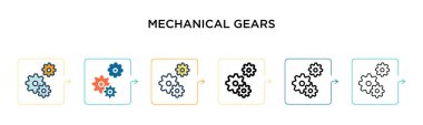 Mekanik vites vektör ikonu 6 farklı modern stilde. Siyah, iki renkli mekanik dişli ikonu doldurulmuş, ana hatları çizilmiş, çizgi ve vuruş stiliyle dizayn edilmiş. Vektör illüstrasyonu ağ için kullanılabilir, 