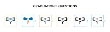 Mezuniyetin soru vektör simgesi 6 farklı modern stilde. Siyahi, iki renkli mezuniyet ikonu doldurulmuş, ana hatları çizilmiş, çizgi ve vuruş stiliyle dizayn edilmiş. Vektör illüstrasyonu kullanılabilir