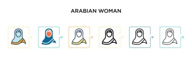 6 farklı modern tarzda Arap kadın vektör ikonu. Siyah, iki renkli Arap kadın simgesi. Doldurulmuş, ana hatları çizilmiş, çizgi ve çizgi şeklinde dizayn edilmiş. Vektör illüstrasyonu ağ, mobil, ui için kullanılabilir