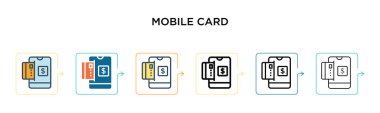 Mobil kart vektör simgesi 6 farklı modern stilde. Siyah, doldurulmuş, ana hatları çizilmiş, çizgi ve vuruş stiliyle dizayn edilmiş iki renkli mobil kart simgesi. Vektör illüstrasyonu ağ, mobil, ui için kullanılabilir