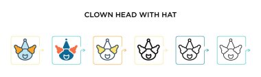 Şapka vektör ikonuna sahip 6 farklı modern tarzda palyaço kafası. Siyah, iki renkli palyaço kafası, doldurulmuş, ana hatları çizilmiş ve vuruş stiliyle dizayn edilmiş şapka ikonları. Vektör illüstrasyonu ağ için kullanılabilir, 