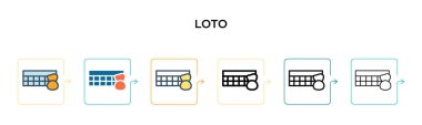 Loto vektör simgesi 6 farklı modern stilde. Siyah, iki renkli loto simgesi. Doldurulmuş, ana hatları çizilmiş, çizgi ve vuruş stili. Vektör illüstrasyonu ağ, mobil, ui için kullanılabilir