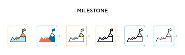 Milestone vektör simgesi 6 farklı modern stilde. Siyah, iki renkli kilometre taşı simgesi doldurulmuş, ana hatları çizilmiş, çizgi ve vuruş stiliyle tasarlanmış. Vektör illüstrasyonu ağ, mobil, ui için kullanılabilir