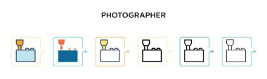 Altı farklı modern stilde fotoğrafçı vektör simgesi. Siyah, iki renkli fotoğrafçı ikonu. Doldurulmuş, ana hatları çizilmiş, çizgi ve çizgi şeklinde dizayn edilmiş. Vektör illüstrasyonu ağ, mobil, ui için kullanılabilir