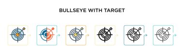 Hedef sembolü olan hedef vektör simgesi 6 farklı modern stilde tam isabet. Siyah, hedef sembol simgeli iki renkli hedef. Doldurulmuş, ana hatları çizilmiş, çizgi ve vuruş stiliyle dizayn edilmiş. Vektör illüstrasyonu 