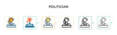 Politikacı vektör simgesi, 6 farklı modern stilde. Siyahi, doldurulmuş, ana hatları çizilmiş, çizgi ve vuruş stiliyle tasarlanmış iki renkli politikacı simgesi. Vektör illüstrasyonu ağ, mobil, ui için kullanılabilir