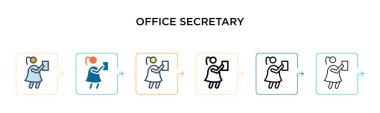 Ofis sekreteri vektör simgesi 6 farklı modern stilde. Siyahi, iki renkli ofis sekreteri ikonu. Doldurulmuş, ana hatları çizilmiş, çizgi ve çizgi şeklinde dizayn edilmiş. Vektör illüstrasyonu ağ için kullanılabilir, 