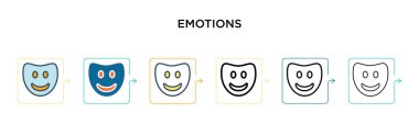 6 farklı modern stilde duygu vektör simgesi. Siyah, iki renkli duygu simgesi doldurulmuş, ana hatları çizilmiş, çizgi ve vuruş stiliyle tasarlanmış. Vektör illüstrasyonu ağ, mobil, ui için kullanılabilir