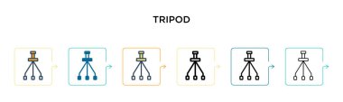 Tripod vektör simgesi 6 farklı modern stilde. Siyah, iki renkli üç ayaklı simge. Doldurulmuş, ana hatları çizilmiş, çizgi ve çizgi şeklinde dizayn edilmiş. Vektör illüstrasyonu ağ, mobil, ui için kullanılabilir