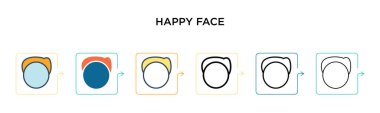 Mutlu yüz vektör simgesi 6 farklı modern stilde. Siyah, doldurulmuş, ana hatları çizilmiş, çizgi ve vuruş tarzında iki renkli mutlu yüz simgesi. Vektör illüstrasyonu ağ, mobil, ui için kullanılabilir