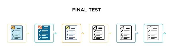 Son test vektör simgesi 6 farklı modern stilde. Siyah, doldurulmuş, ana hatları çizilmiş, çizgi ve vuruş stiliyle dizayn edilmiş iki renkli test simgesi. Vektör illüstrasyonu ağ, mobil, ui için kullanılabilir
