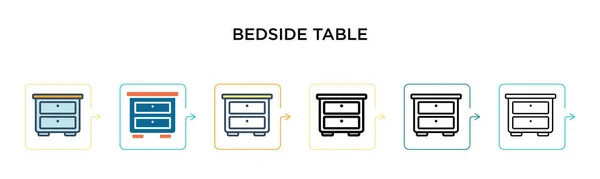 6つの異なる現代的なスタイルのベクトルアイコンの横にあるテーブル アウトライン ライン ストロークスタイルで設計された黒 2色のベッドサイドテーブルアイコン ベクターイラストは ウェブ モバイル Uiに使用できます — ストックベクタ