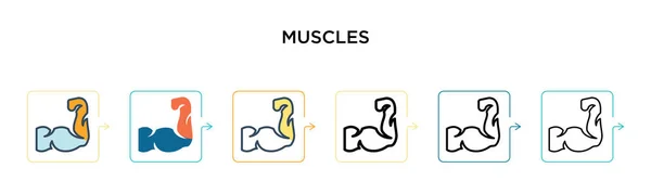 肌肉矢量图标在6种不同的现代风格 两个彩色肌肉图标 设计为填充 线条和笔划风格 矢量图解可用于Web Mobile — 图库矢量图片