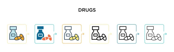 Medikamentenvektorsymbol Verschiedenen Modernen Stilen Schwarze Zweifarbige Medikamentensymbole Füll Umriss Linien — Stockvektor