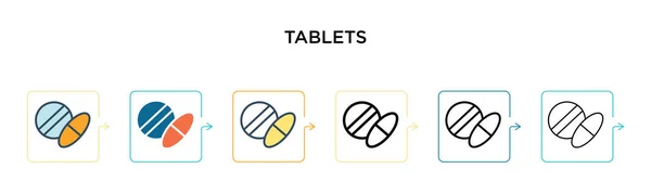 6つの異なる近代的なスタイルで錠剤ベクトルアイコン アウトライン ライン ストロークスタイルでデザインされた黒 2色のタブレットアイコン ベクターイラストは ウェブ モバイル Uiに使用できます — ストックベクタ