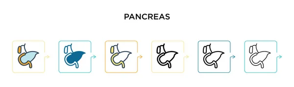 胰腺矢量图标在6种不同的现代风格 两个彩色胰腺图标设计为填充 线条和笔划风格 矢量图解可用于Web Mobile — 图库矢量图片