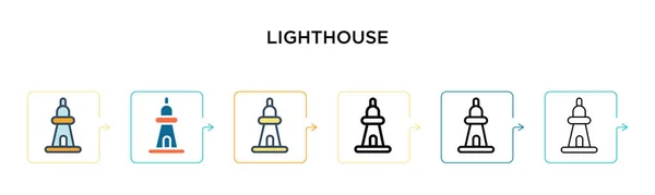 6つの異なる近代的なスタイルで灯台ベクトルアイコン アウトライン ライン ストロークスタイルで設計された黒 2色の灯台アイコン ベクターイラストは ウェブ モバイル Uiに使用できます — ストックベクタ