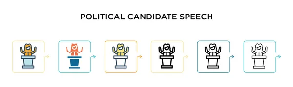 6つの異なる現代スタイルの政治的な候補スピーチベクトルアイコン アウトライン ライン ストロークスタイルで設計された2色の政治的な候補スピーチアイコン ベクトル図は — ストックベクタ