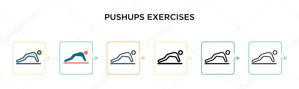 Pushups exercises vector icon in 6 different modern styles. Black, two colored pushups exercises icons designed in filled, outline, line and stroke style. Vector illustration can be used for web, 