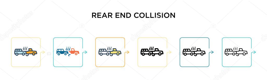 Rear end collision vector icon in 6 different modern styles. Black, two colored rear end collision icons designed in filled, outline, line and stroke style. Vector illustration can be used for web, 