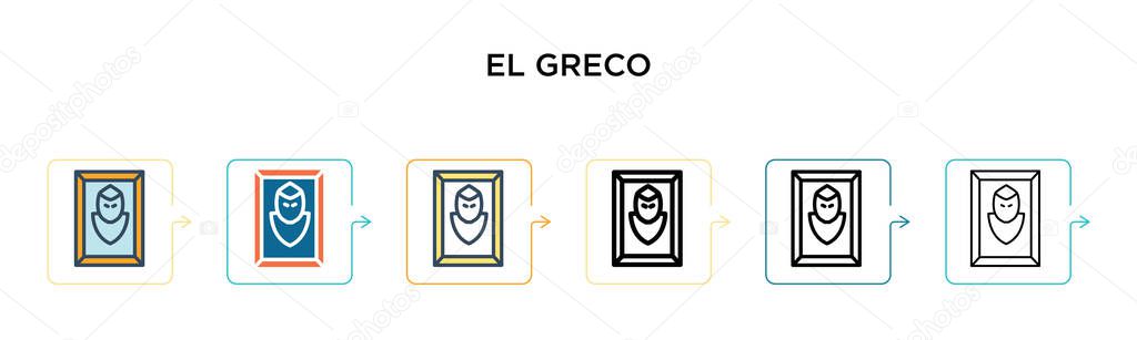 El greco vector icon in 6 different modern styles. Black, two colored el greco icons designed in filled, outline, line and stroke style. Vector illustration can be used for web, mobile, ui