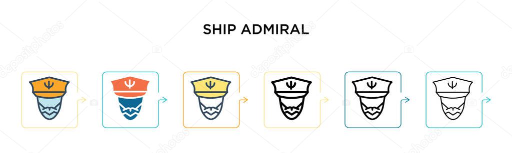 Ship admiral vector icon in 6 different modern styles. Black, two colored ship admiral icons designed in filled, outline, line and stroke style. Vector illustration can be used for web, mobile, ui