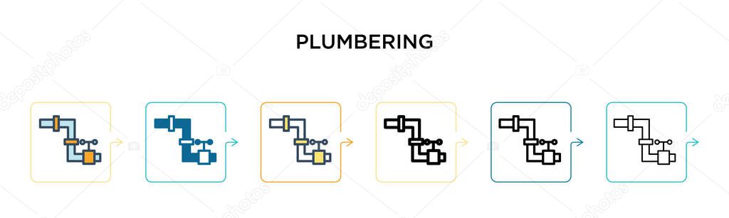 Plumbering vector icon in 6 different modern styles. Black, two colored plumbering icons designed in filled, outline, line and stroke style. Vector illustration can be used for web, mobile, ui