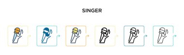 Şarkıcı vektör simgesi 6 farklı modern stilde. Siyah, iki renkli şarkıcı ikonu doldurulmuş, ana hatları çizilmiş, çizgi ve vuruş stiliyle tasarlanmış. Vektör illüstrasyonu ağ, mobil, ui için kullanılabilir